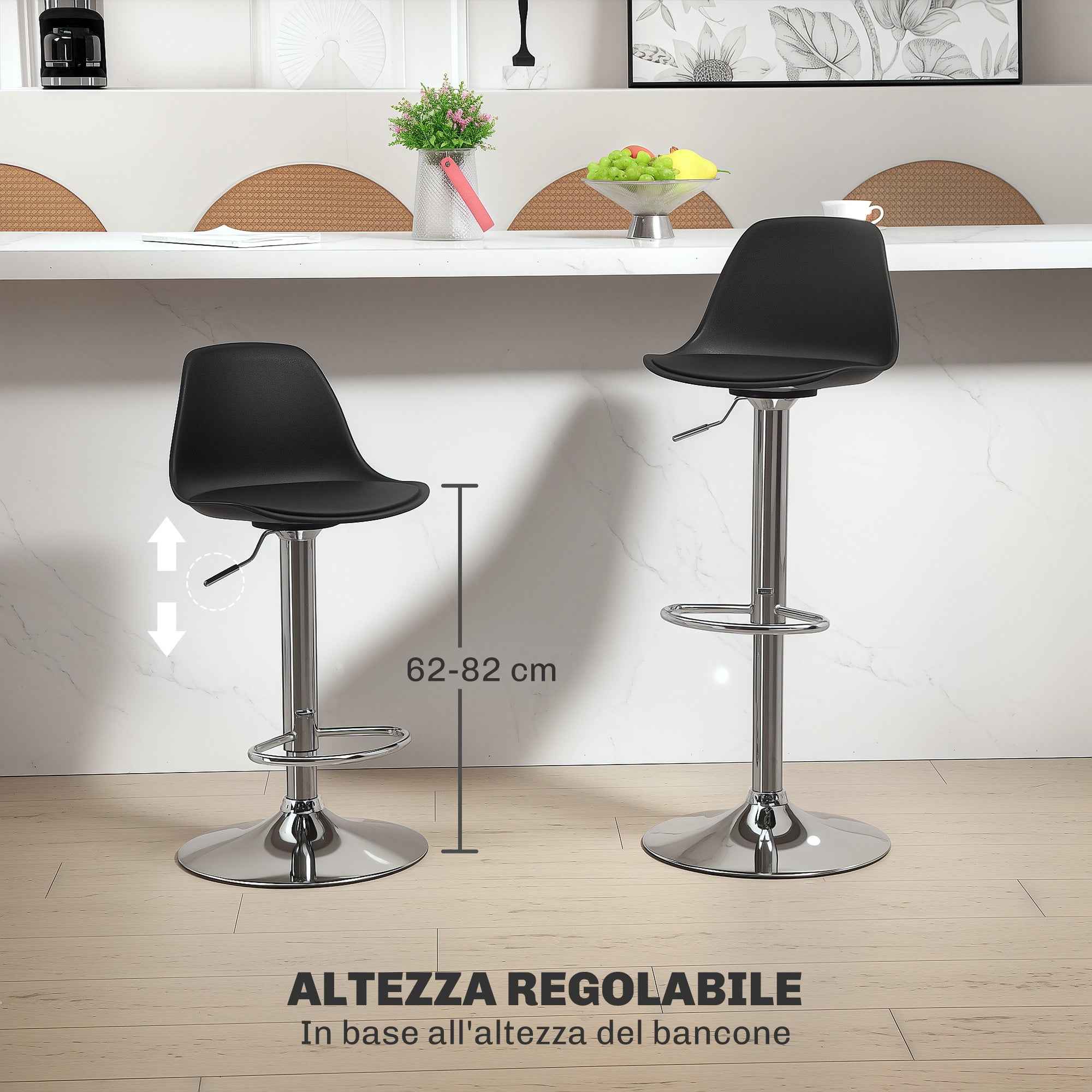HOMCOM Set of 2 Bar Stools with Backrest and Footrest, in PP, PU Leather and Steel, 38x42x82-104 cm, Black