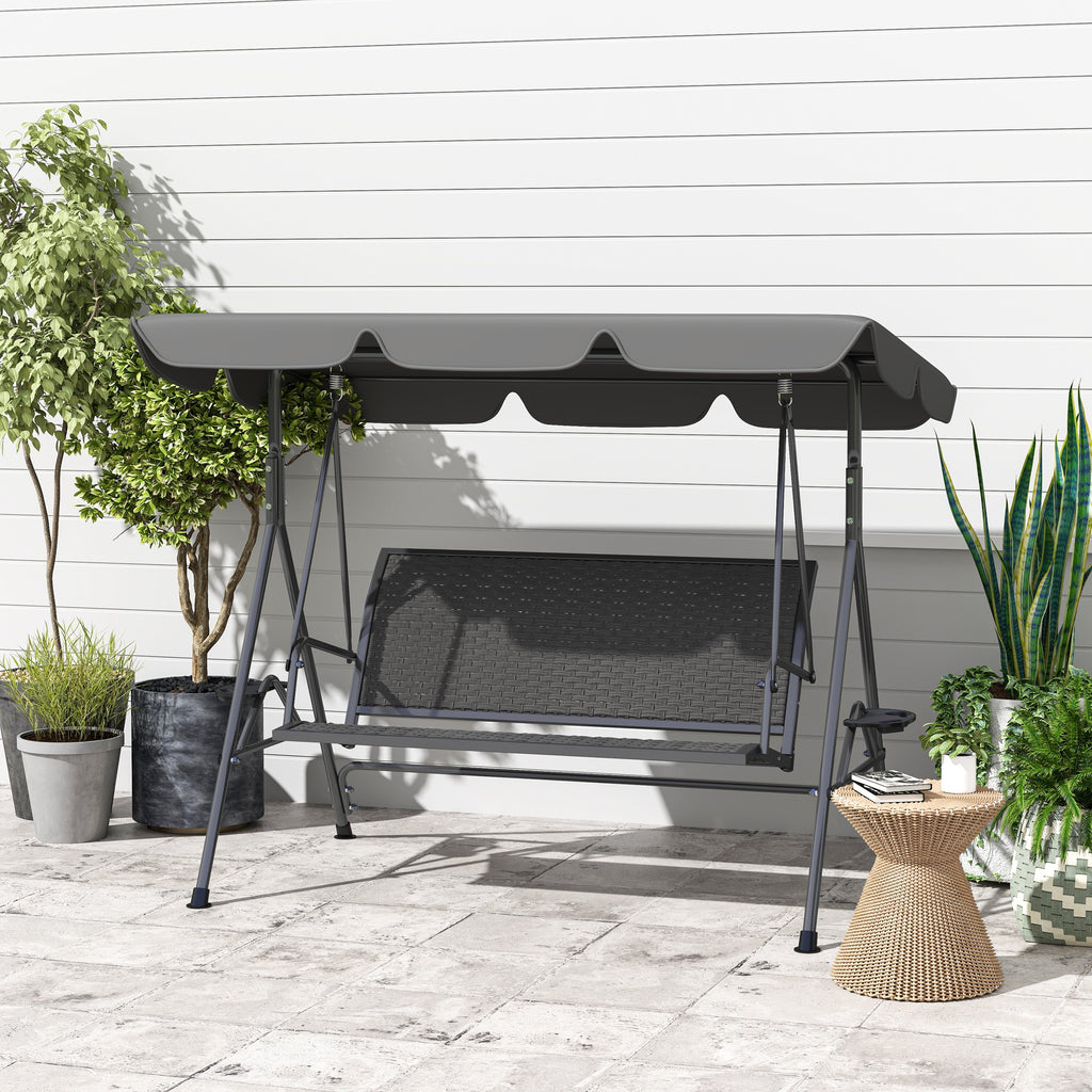 Outsunny 3-Seater Garden Swing in PE Rattan and Steel with Canopy and Cup Holder, 204x112x150 cm, Grey