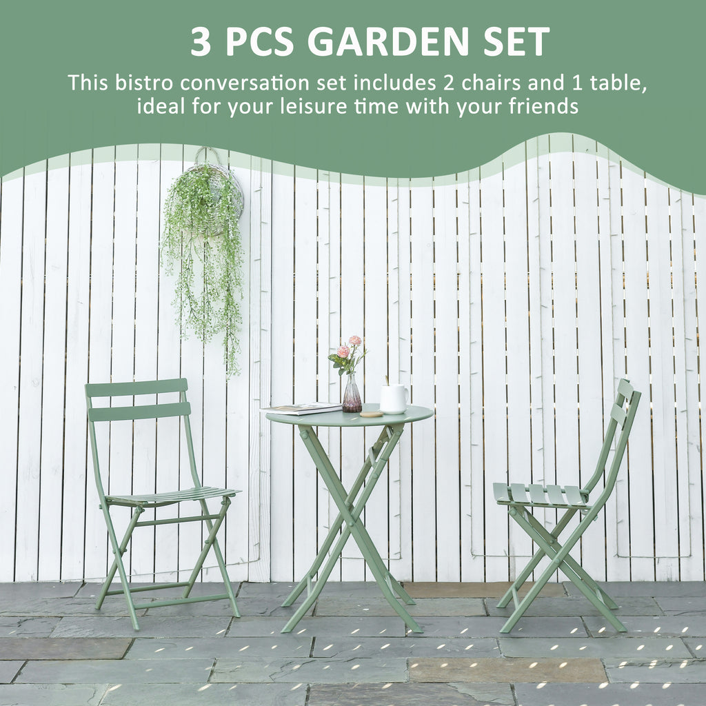 Outsunny garden set 3 folding steel, 2 chairs 42x50x81 cm and table Ø60x71 cm, green - Borgè