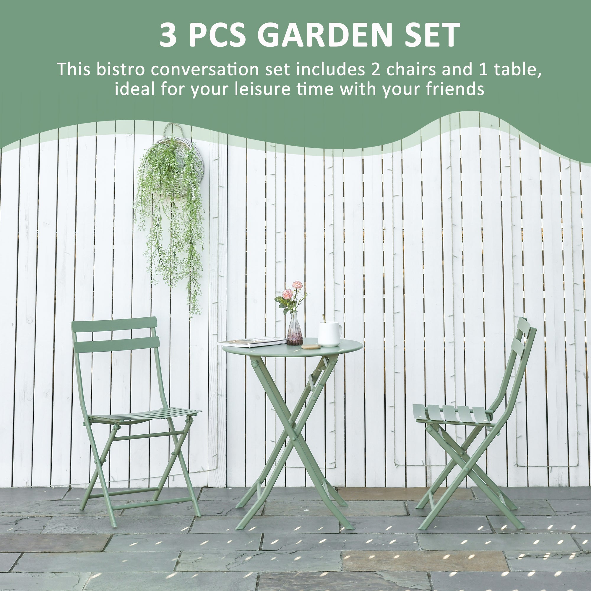 Outsunny garden set 3 folding steel, 2 chairs 42x50x81 cm and table Ø60x71 cm, green - Borgè