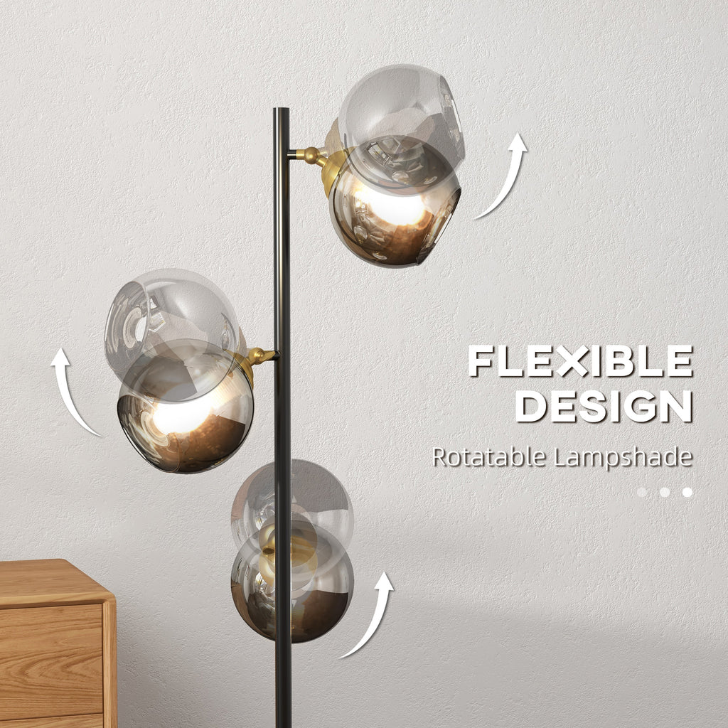 Homcom Tree metal ground lamp with 3 glass lampshades, Ø36x162 cm, black and gray - Borgè