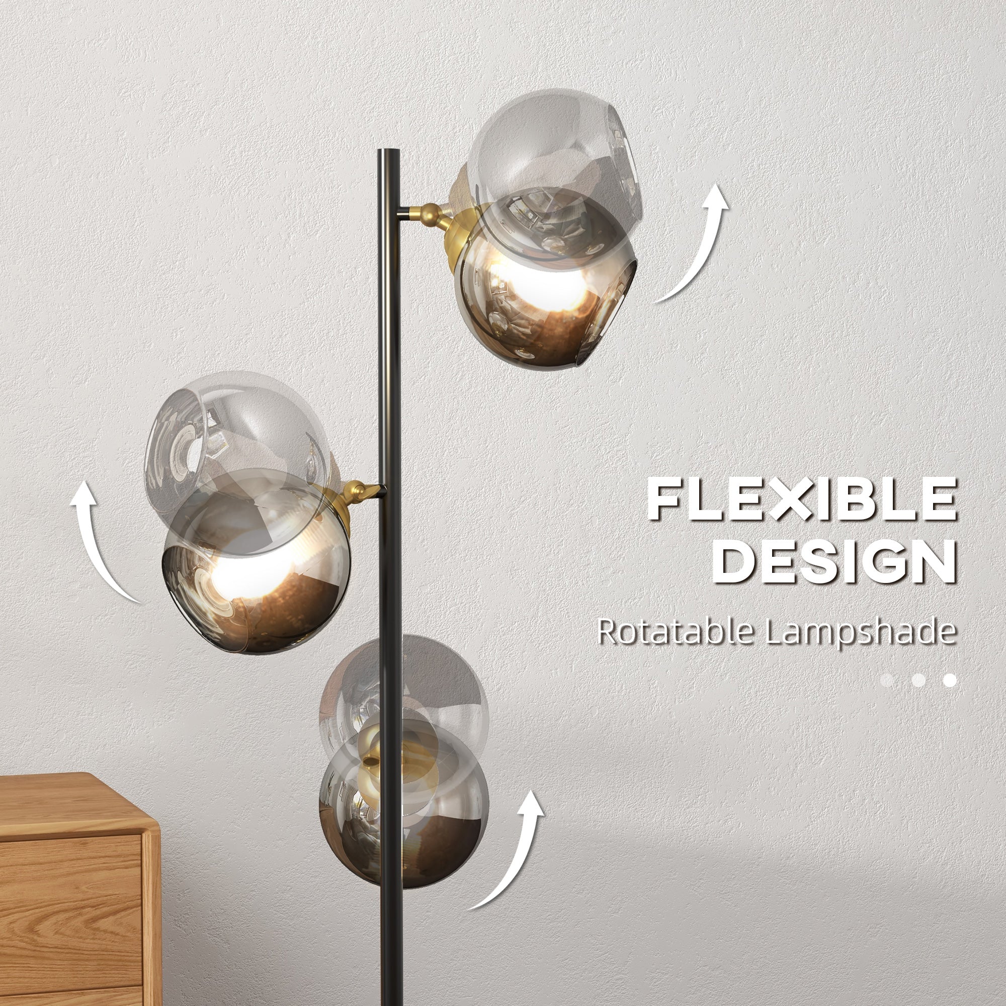 Homcom Tree metal ground lamp with 3 glass lampshades, Ø36x162 cm, black and gray - Borgè