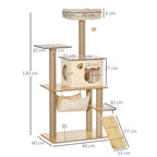 Multi-Level Cat Tree with House, Hammock, Ladder and Jute Ropes, Plush Cover, 60x40x130cm, Yellow