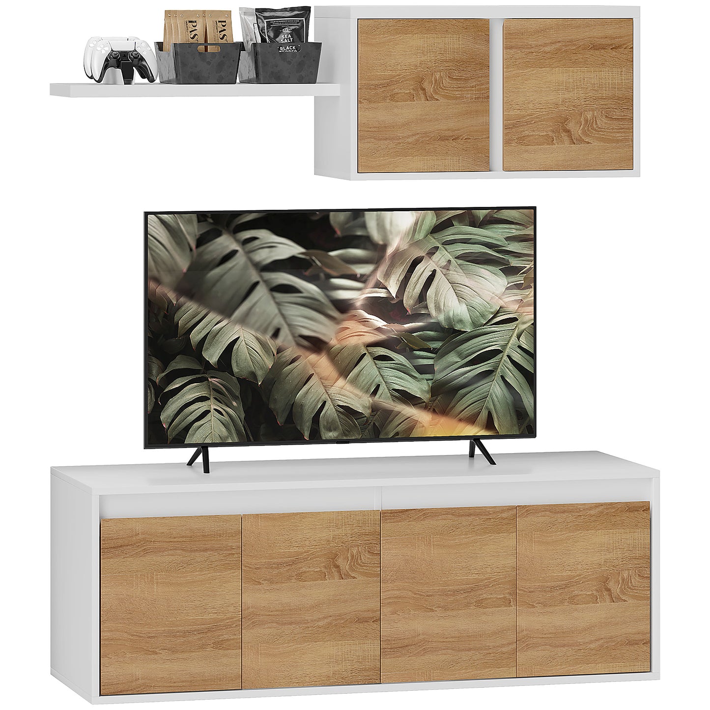 TV Cabinet and Wall Cabinet Set with 7 Shelves and Open Shelf, Wooden, 120x41x43.3 cm, White and Wood color