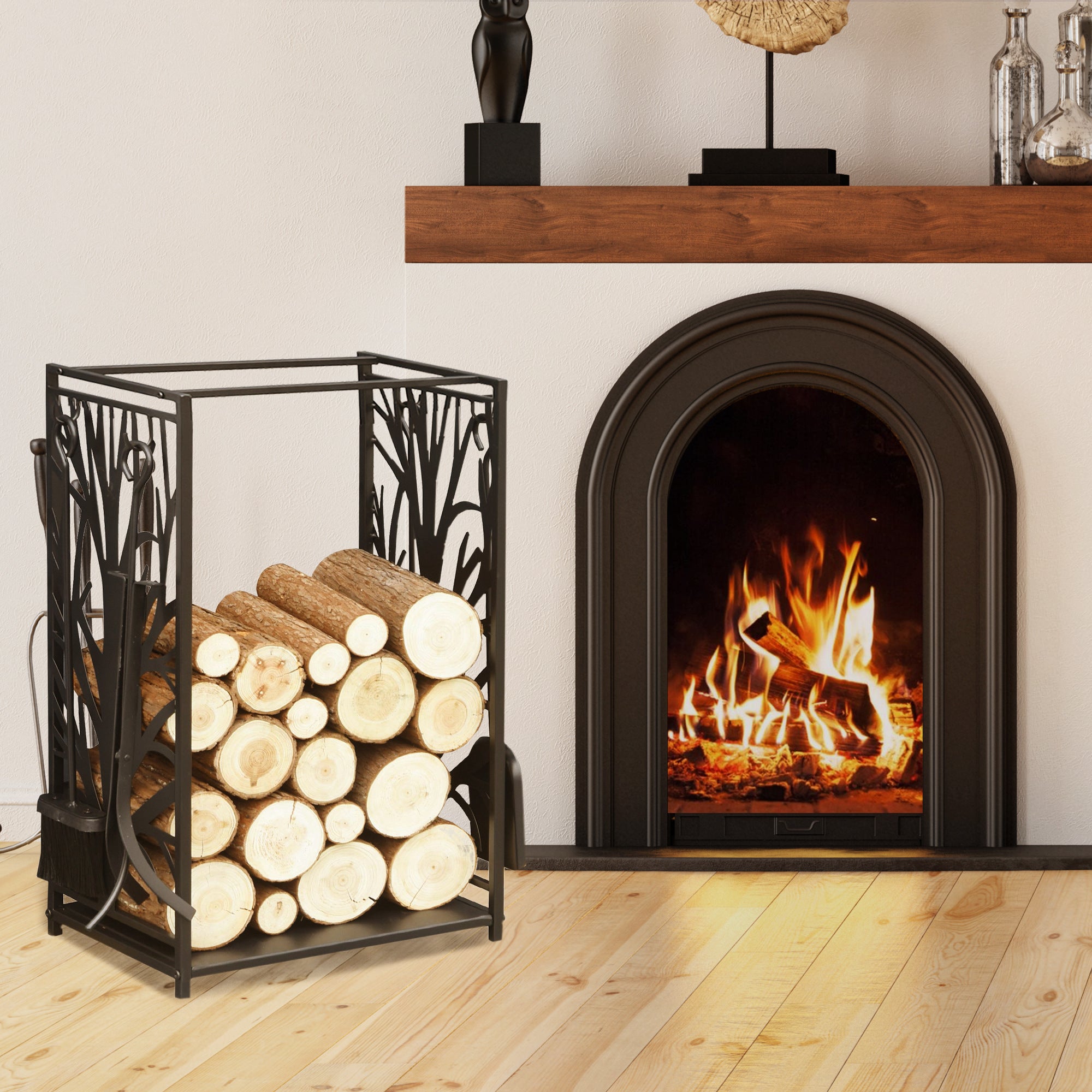 Fireplace Log Holder, Rustproof Steel, Indoor and Outdoor Log Holder with Elegant Design and 4 Tools, 46 x 30 x 70 cm, Black