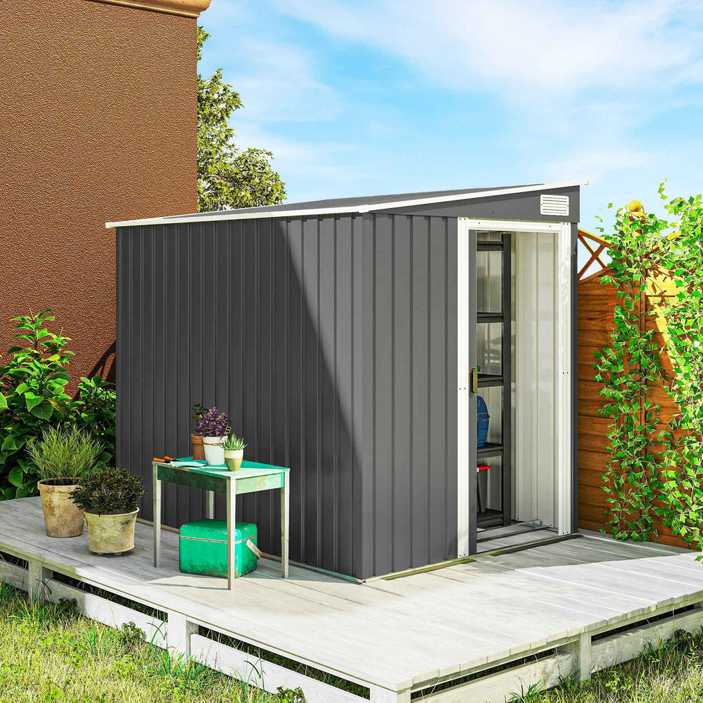 Outsunny 1.5x2m Metal Tool Shed with Base, Sliding Door and Sloped Roof, Dark Grey