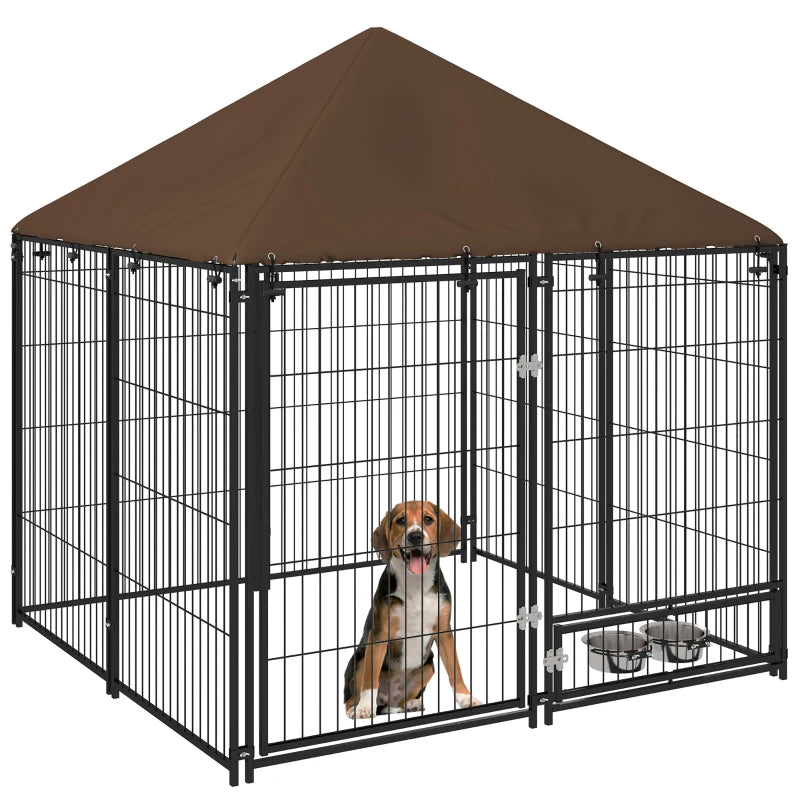Metal and Oxford Fabric Dog Playpen with Bowl Door, 141x141x151 cm, Black and Brown