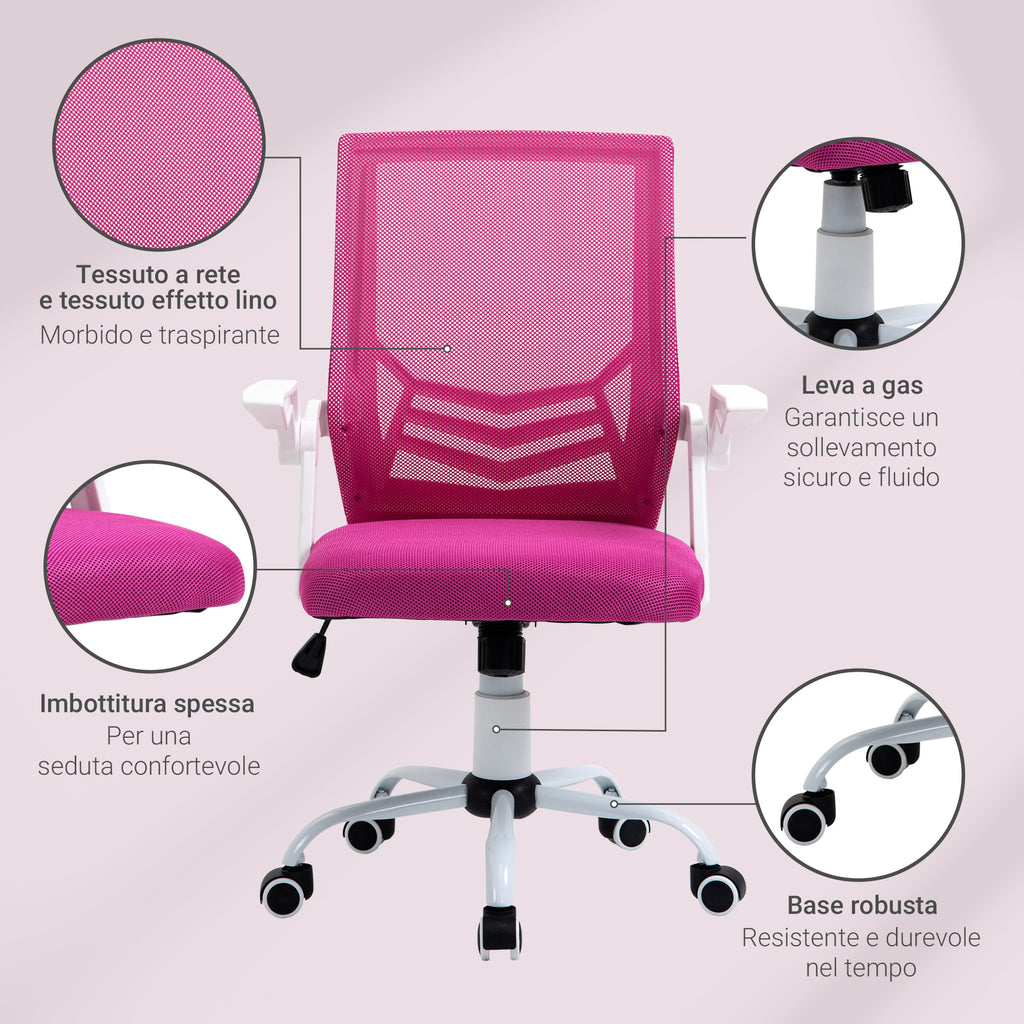 Ergonomic Office Chair with Lumbar Support, Folding Armrests, Breathable Mesh Swivel Desk Chair with Reclining Backrest and Adjustable Height, 120kg Capacity, Pink