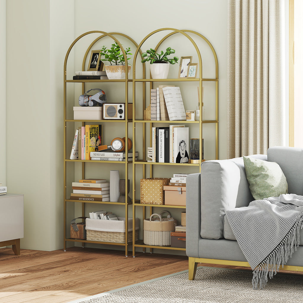 5-Tier Arched Storage Shelf in Steel and Tempered Glass, 60x30x175 cm, Gold