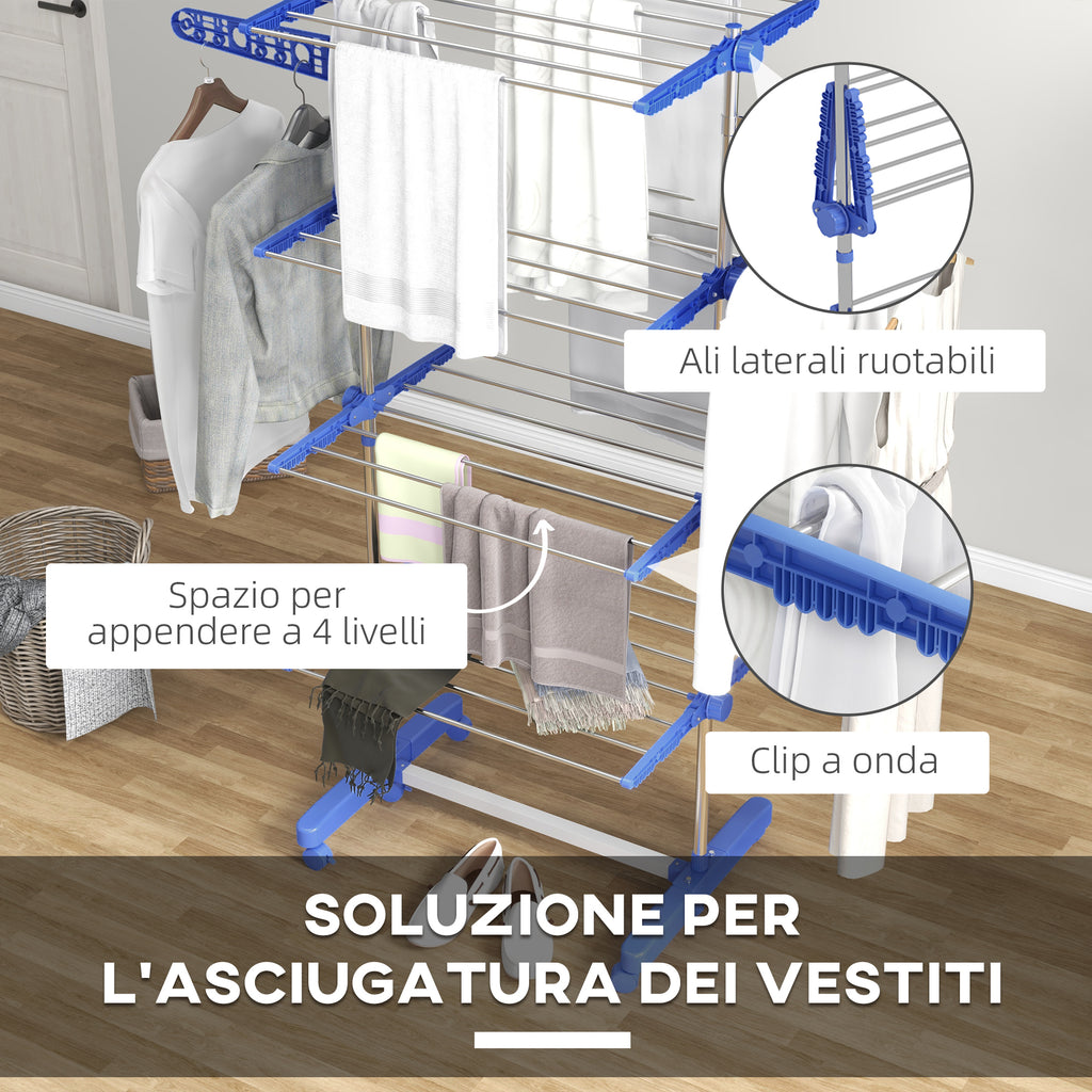 HOMCOM Vertical Drying Rack with 4 Adjustable Shelves, in Steel and Plastic, 142x55x172 cm, Blue and Silver - Borgè