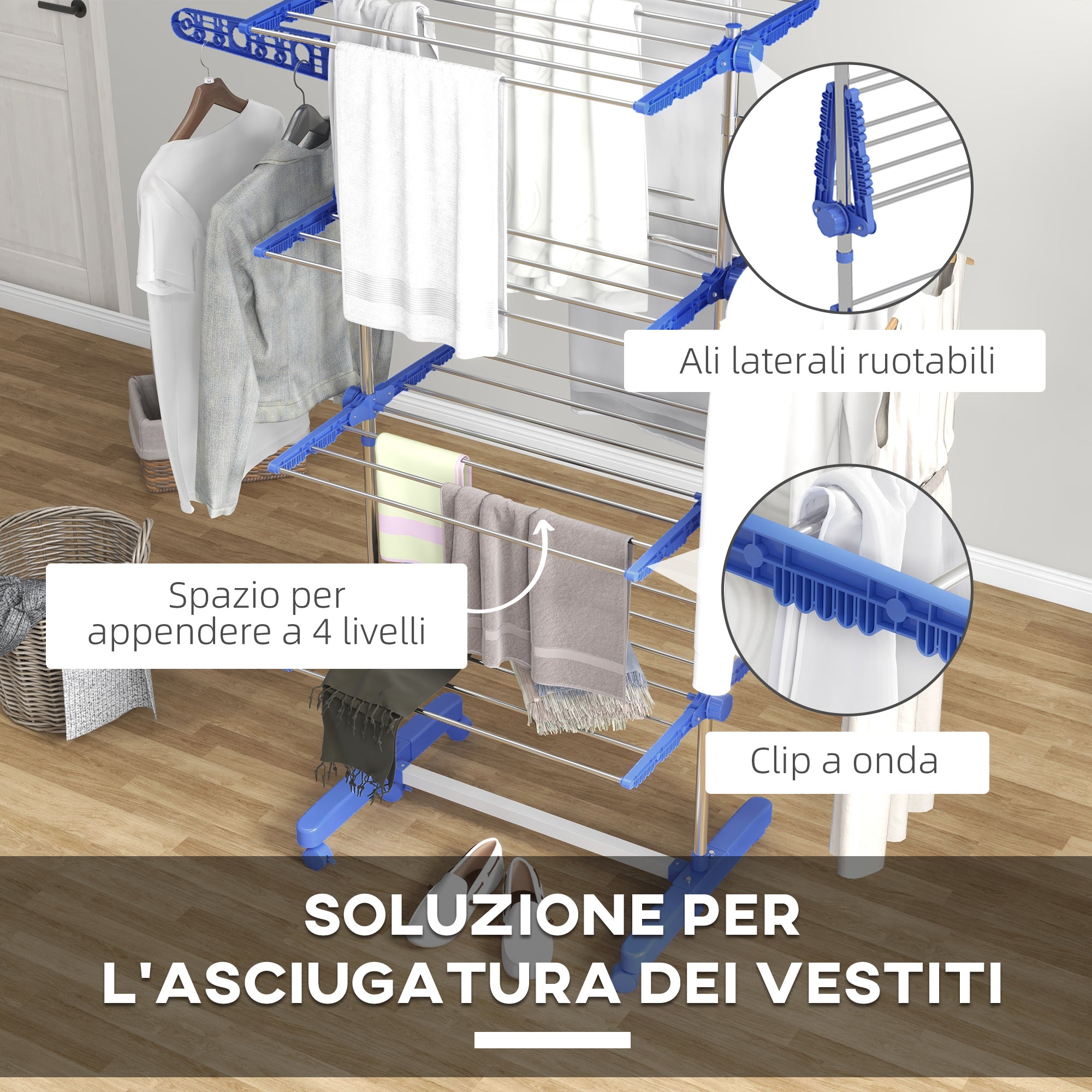 HOMCOM Vertical Drying Rack with 4 Adjustable Shelves, in Steel and Plastic, 142x55x172 cm, Blue and Silver - Borgè
