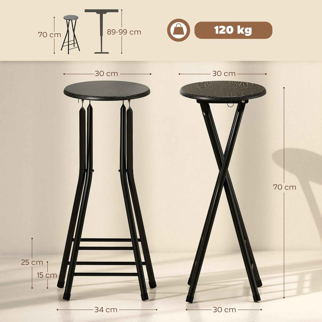 HOMCOM Set of 2 Folding Bar Stools with Double Footrest, Wood and Steel, 34x30x70 cm, Black