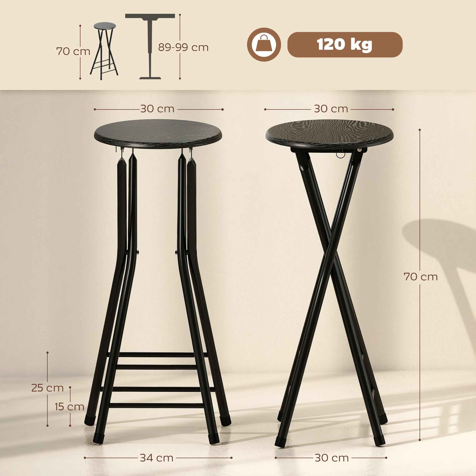HOMCOM Set of 2 Folding Bar Stools with Double Footrest, Wood and Steel, 34x30x70 cm, Black