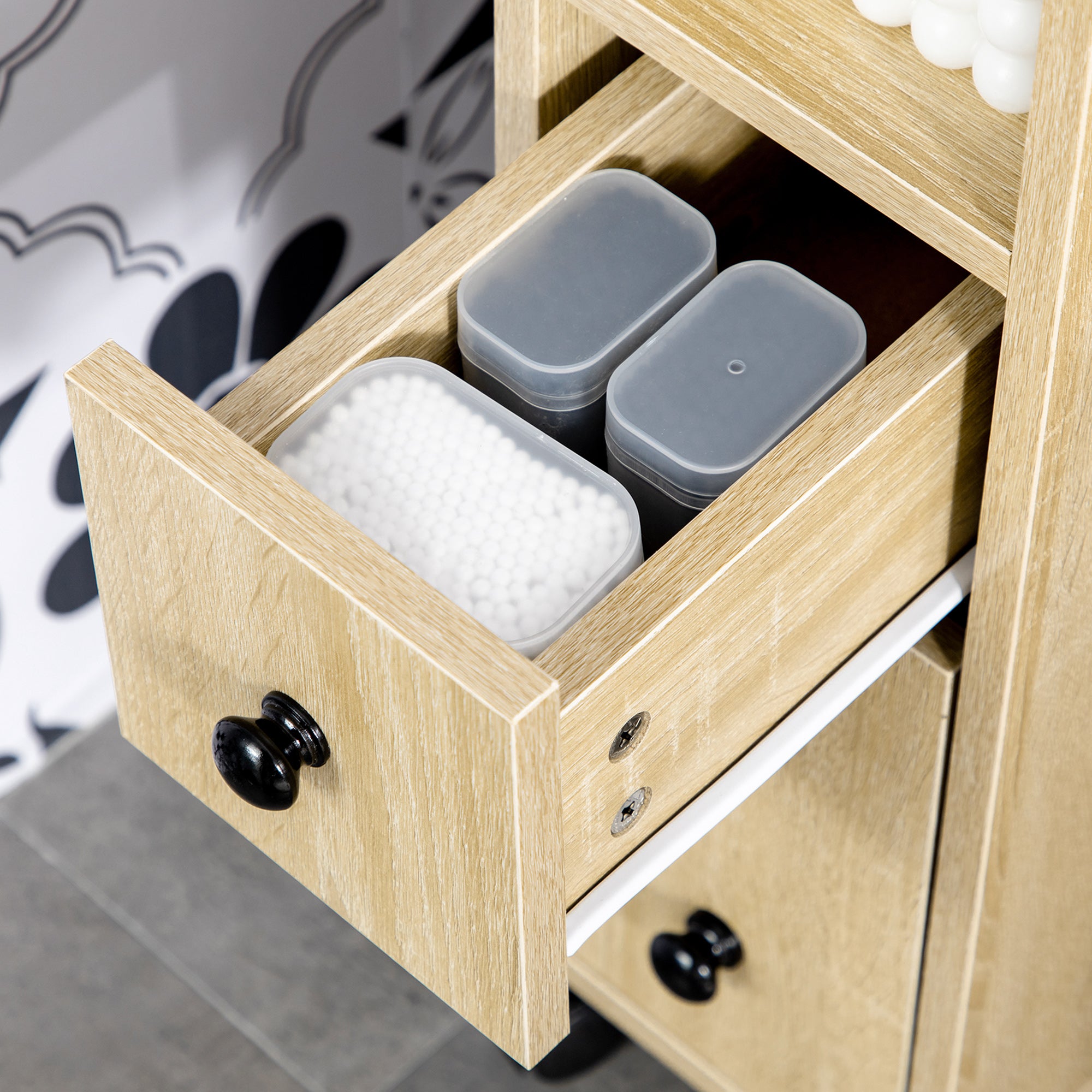 Kleankin Bathroom Cabinet, Bathroom Furniture with 4 Wheels, 1 Drawer, 1 Cabinet with Door, 2 Open Cabinets, Oak Color, 18x30x68.5 cm