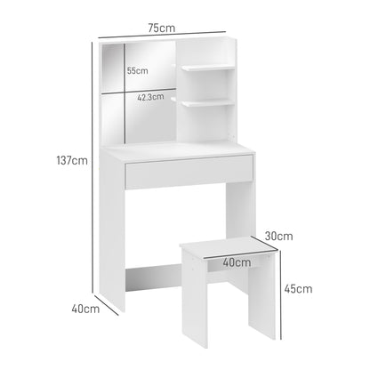 Make-up Table with 3 Shelves and Drawers with Mirror and Stool, 75x40x137 cm, White