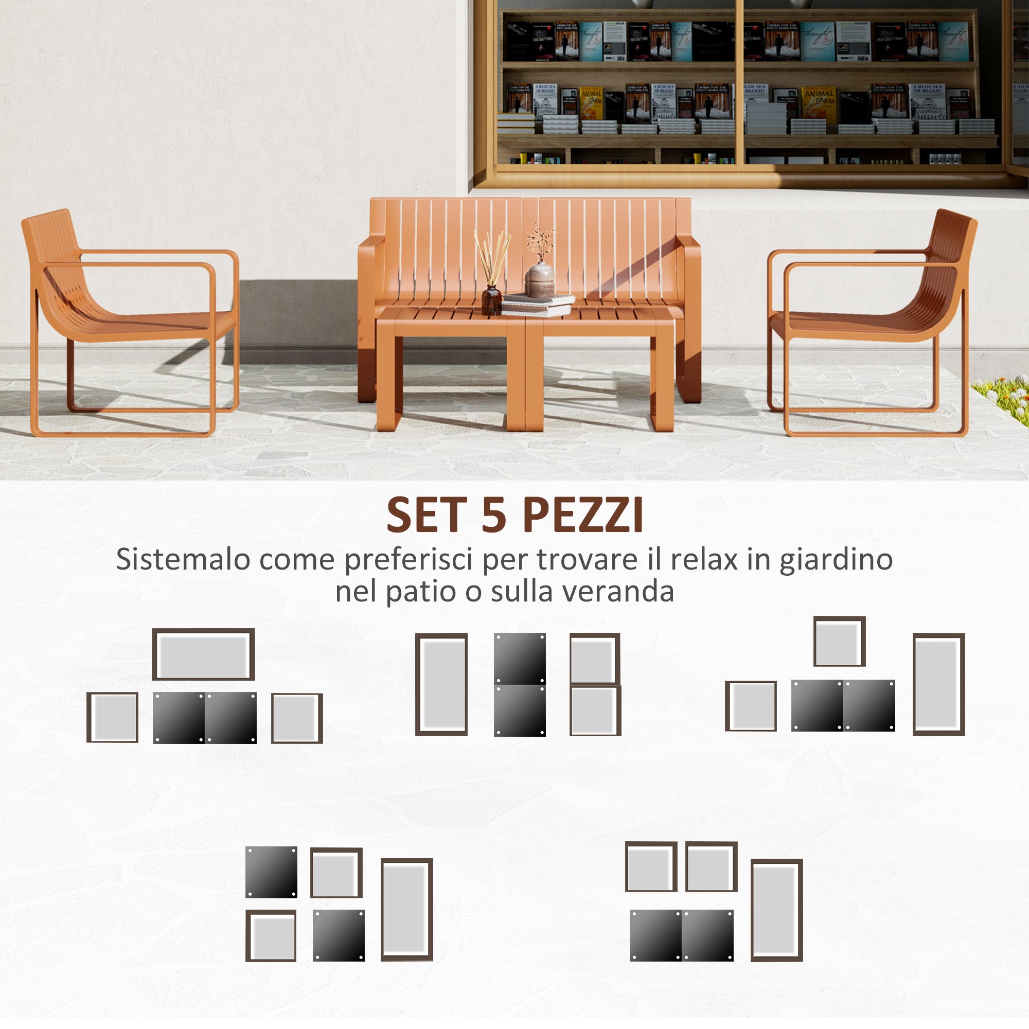 5 Piece Slatted Garden Set with Sofa, 2 Armchairs and 2 Coffee Tables in Orange Polypropylene