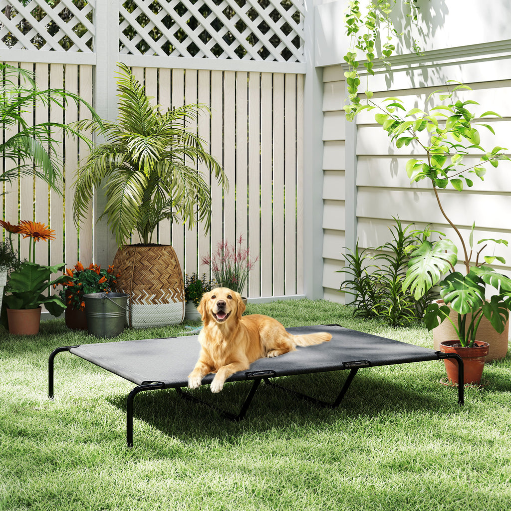PawHut Raised Outdoor Dog Bed for Large Dogs, Made of Steel and Breathable Mesh, 152 x 94 x 23 cm, Grey