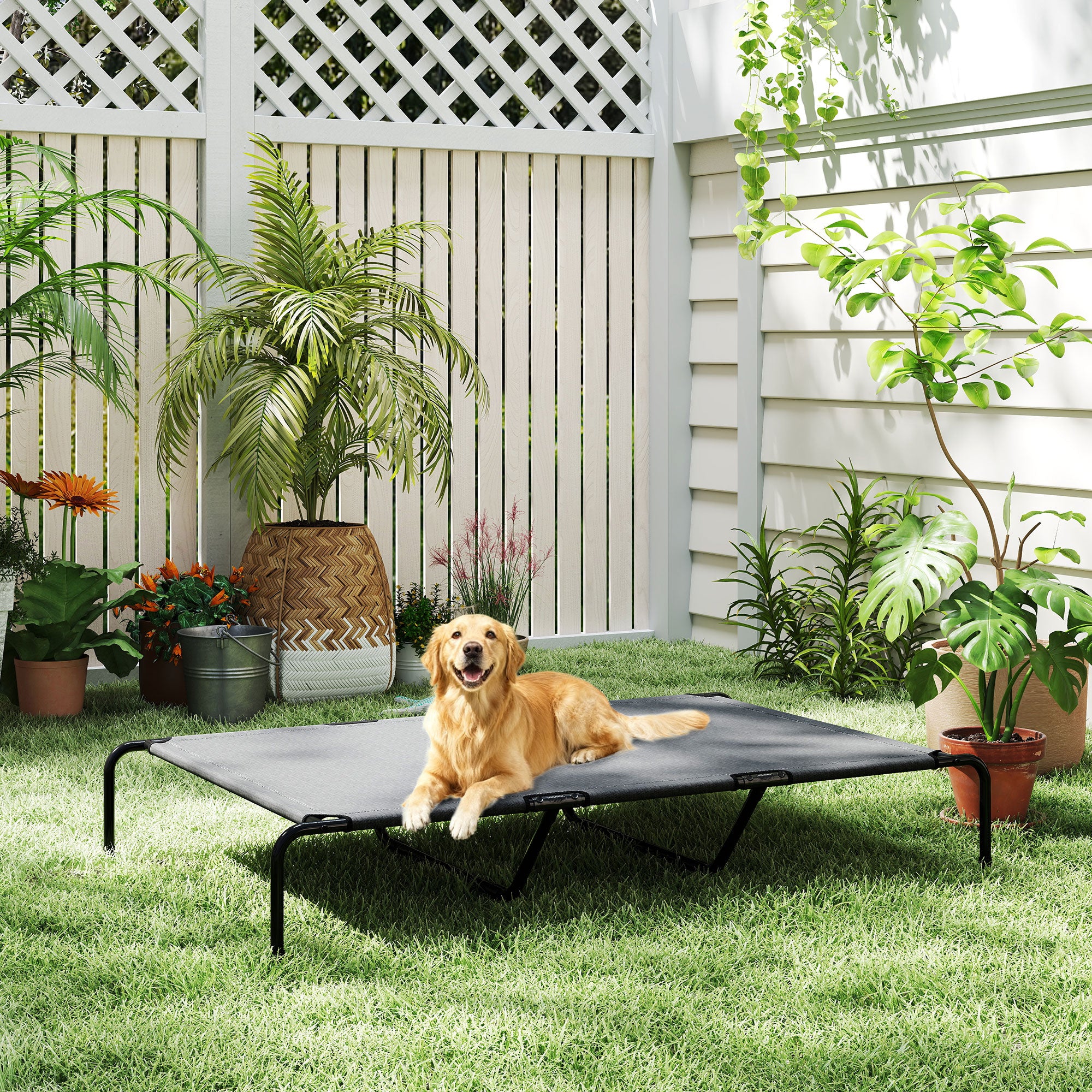 PawHut Raised Outdoor Dog Bed for Large Dogs, Made of Steel and Breathable Mesh, 152 x 94 x 23 cm, Grey