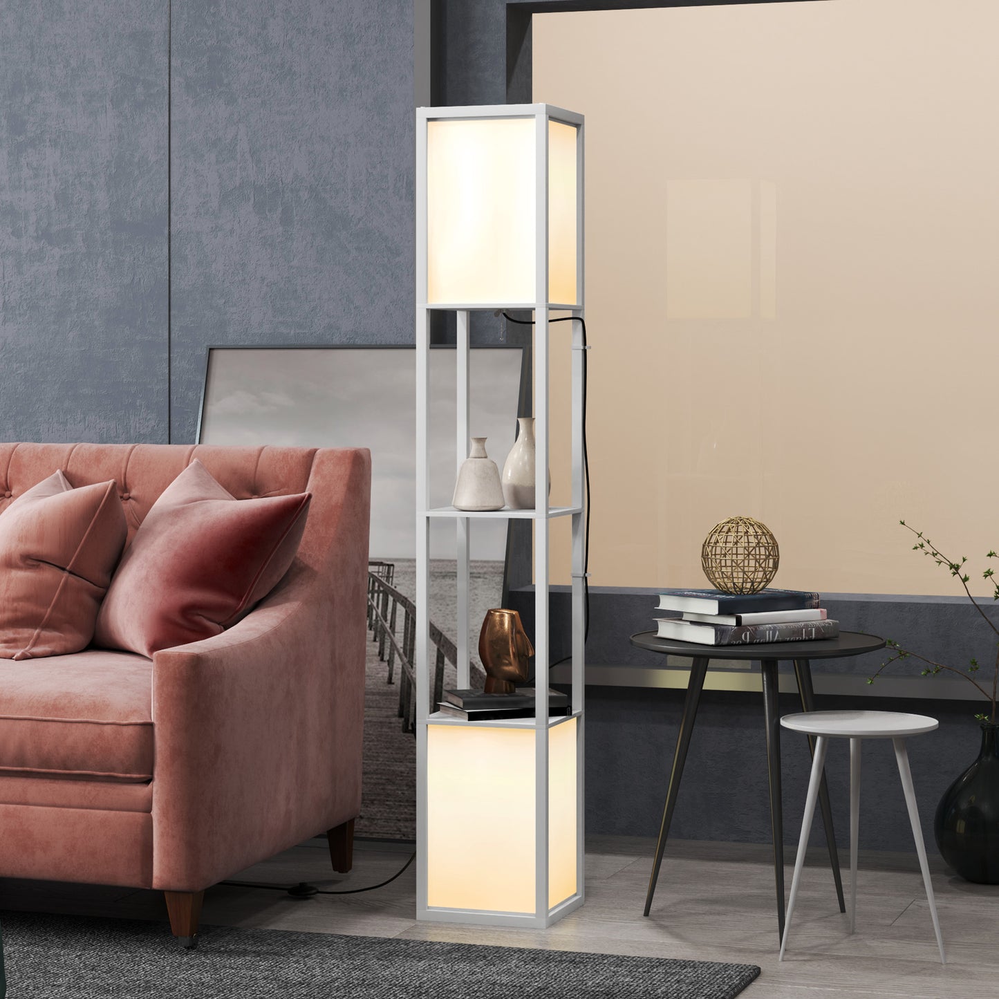 Modern Floor Lamp with 2 Lampshades and 2 Shelves for E27 Max. 40W Bulbs, 26x26x156 cm, White