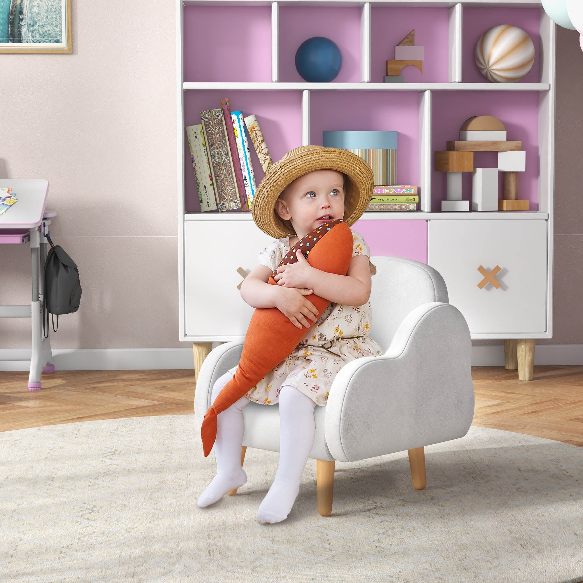 Scandinavian Style Children's Armchair with Cloud Armrests in White Fabric, 46x51x55 cm
