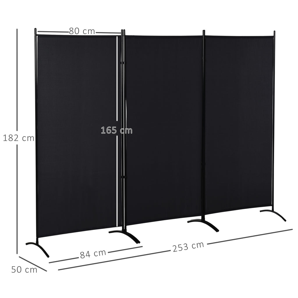 3-Panel Folding Metal and Polyester Room Divider, 253 x 50 x 182 cm, Black