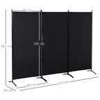 3-Panel Folding Metal and Polyester Room Divider, 253 x 50 x 182 cm, Black