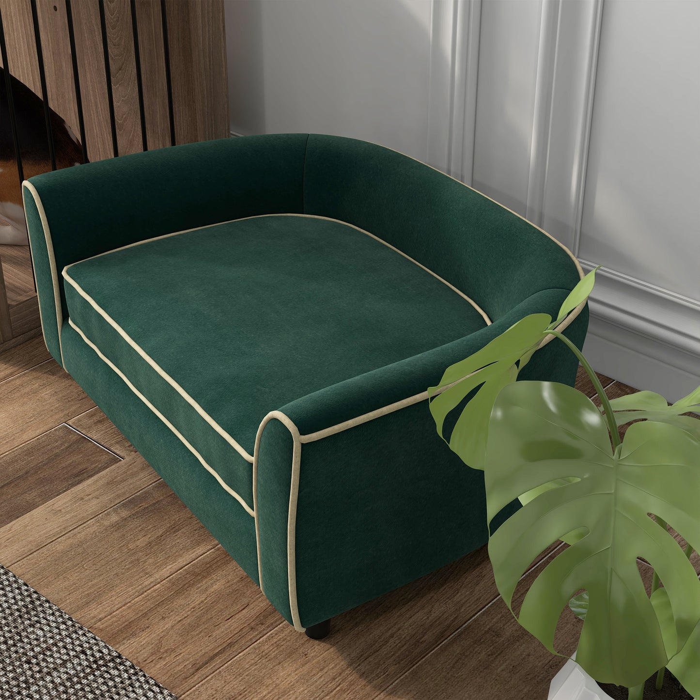 Sofa for Small and Medium Size Dogs with Cushion, in Velvet and Wood Effect Fabric, 79x56x35 cm, Dark Green