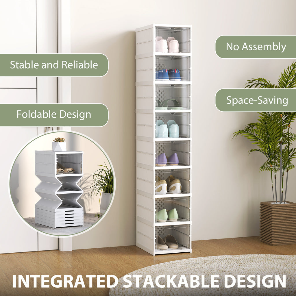 Shoe Rack with 8 Stackable and Foldable Shoe Containers with Transparent Panel, White