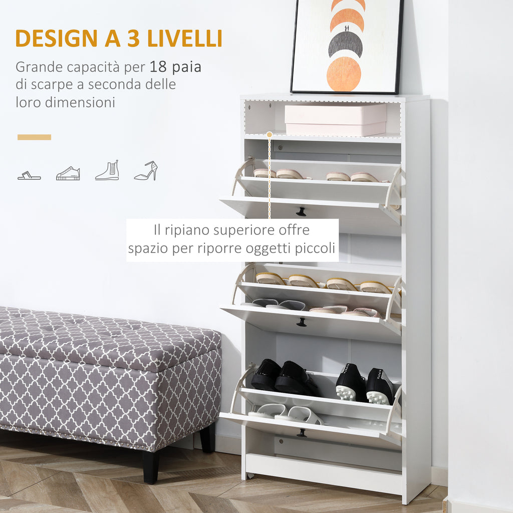 Shoe Rack with 3 Tilt Compartments (18 Pairs of Shoes) and 1 Storage Shelf, White Chipboard, 60 x 24 x 132 cm