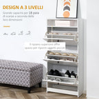 Shoe Rack with 3 Tilt Compartments (18 Pairs of Shoes) and 1 Storage Shelf, White Chipboard, 60 x 24 x 132 cm