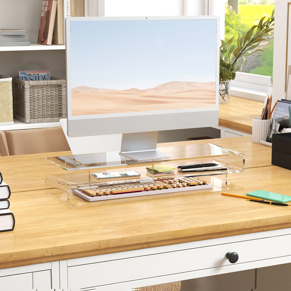 Acrylic PC Monitor Stand with Center Compartments, 57x19x11.5cm, Transparent
