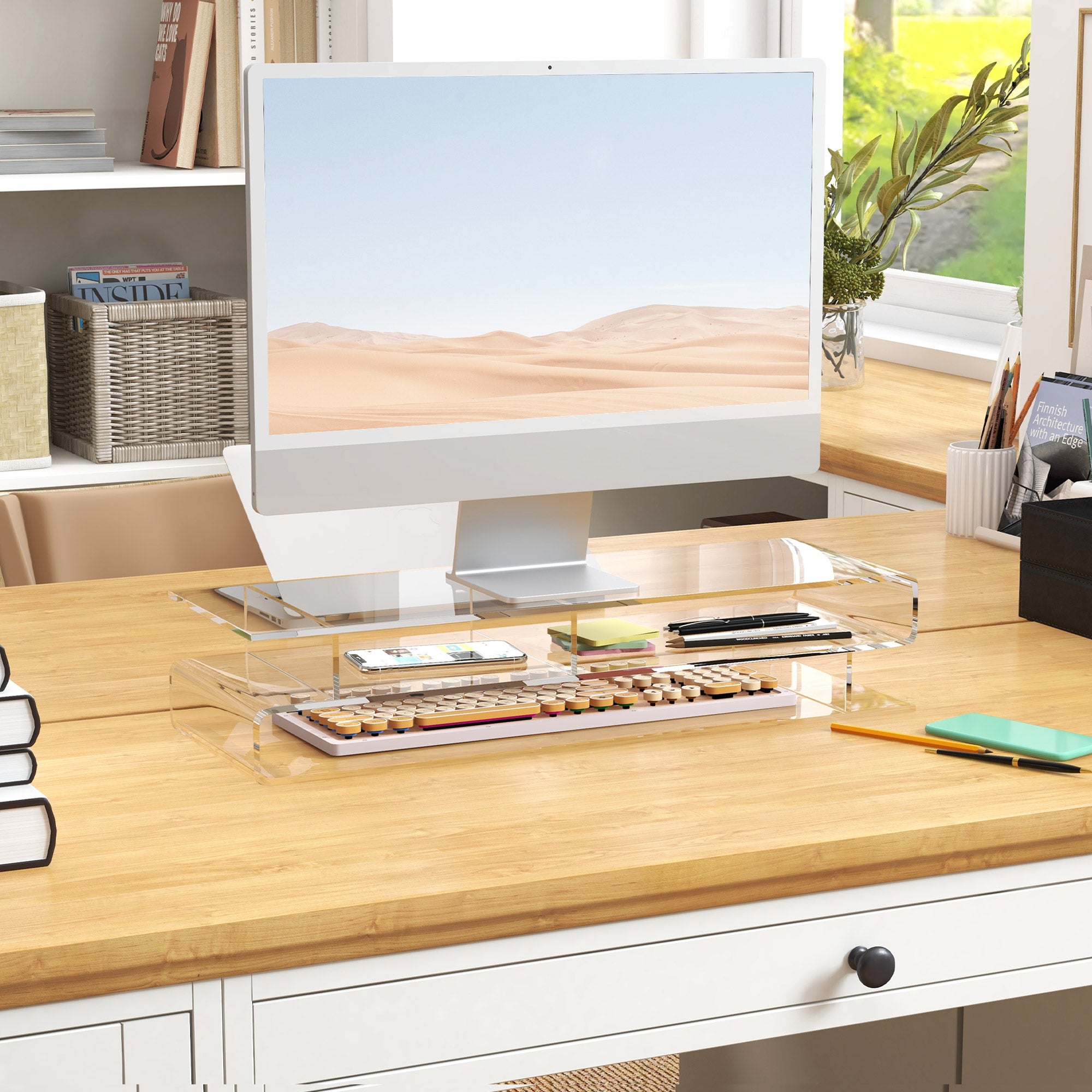Acrylic PC Monitor Stand with Center Compartments, 57x19x11.5cm, Transparent