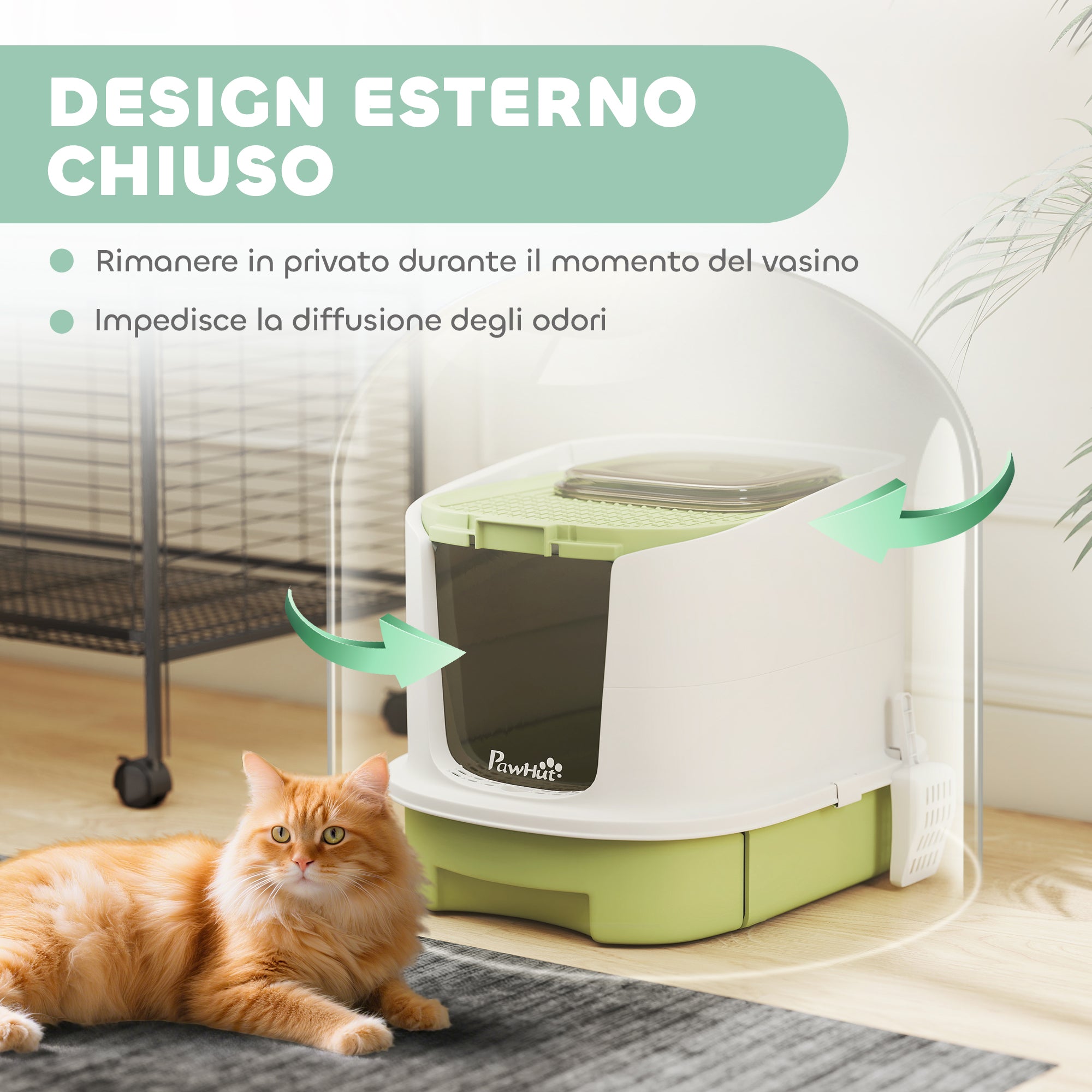 Enclosed Cat Litter Box with 2 Doors, Removable Tray, Scoop and Deodorizer, in PP, 40.5x52.5x42.5 cm, Green