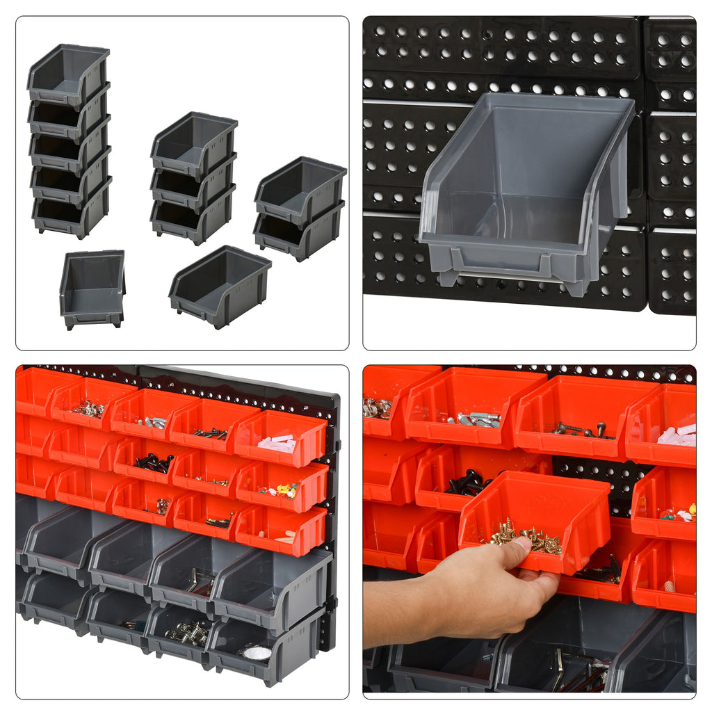 Tool Organizer with 30 Adjustable and Removable Bins, Wall Mounted, PP, Red Grey Black, 37.5x18x63cm