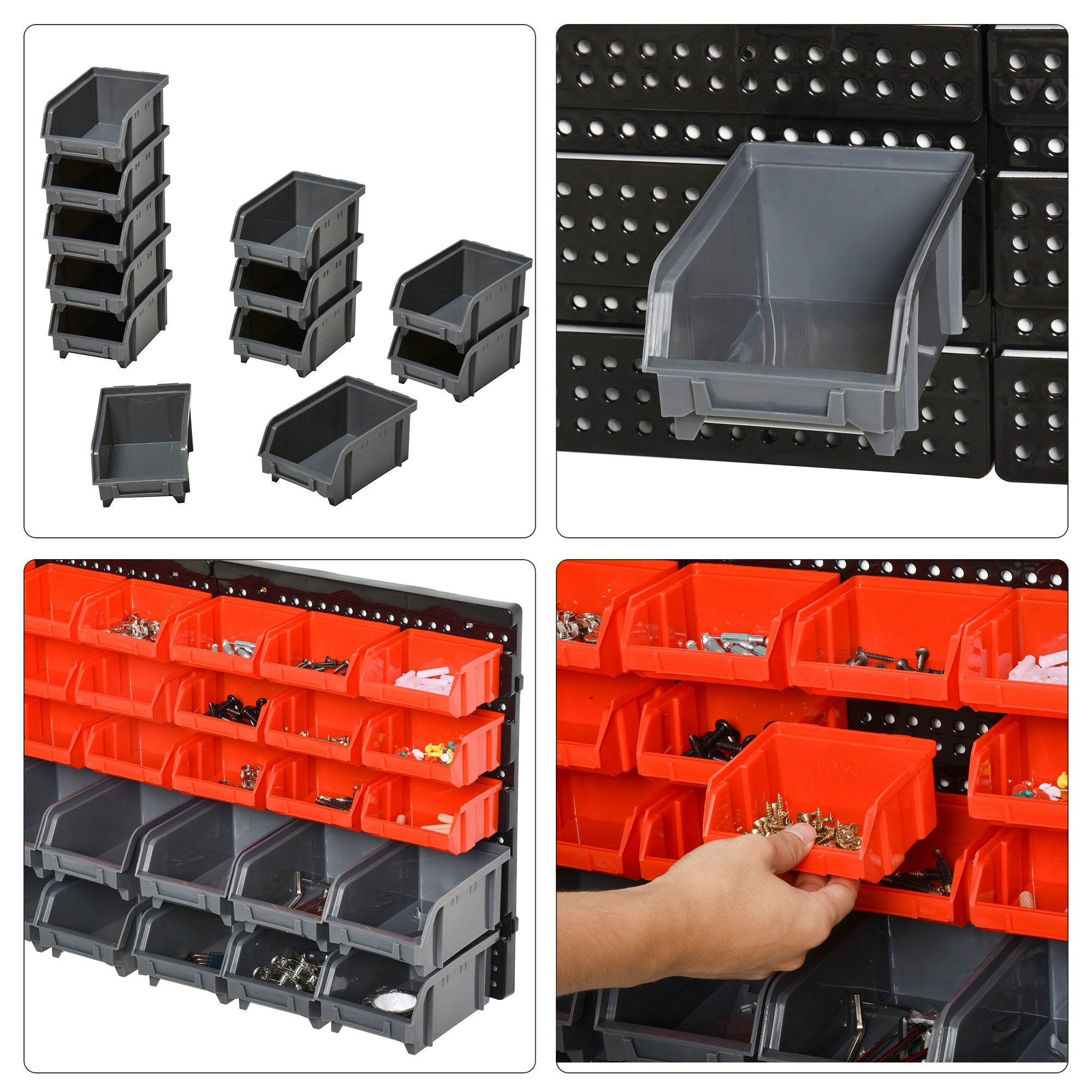 Tool Organizer with 30 Adjustable and Removable Bins, Wall Mounted, PP, Red Grey Black, 37.5x18x63cm