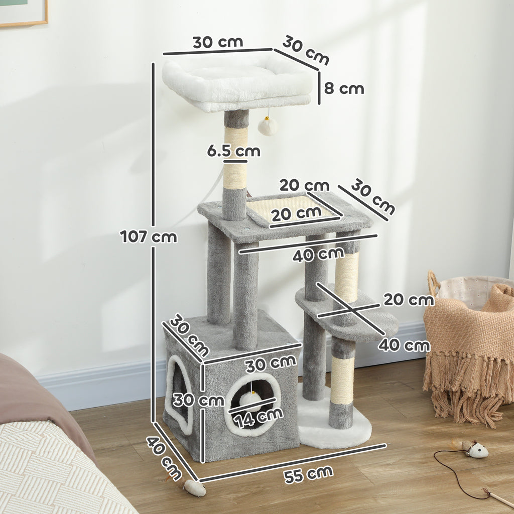 Cat Scratching Tree with House, Bed and 2 Balls, Made of Wood and Plush, 55x40x107 cm, Grey and White