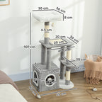 Cat Scratching Tree with House, Bed and 2 Balls, Made of Wood and Plush, 55x40x107 cm, Grey and White