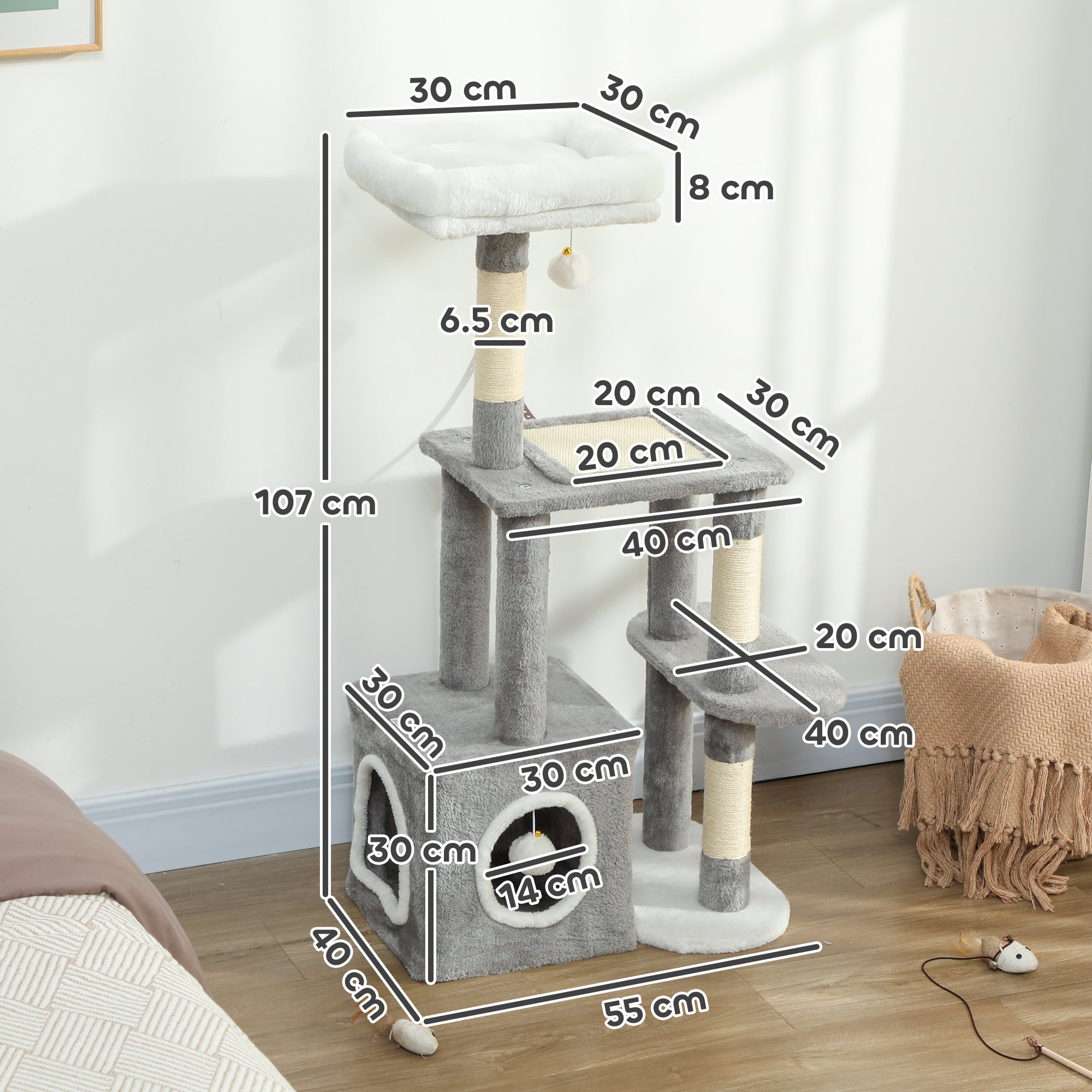 Cat Scratching Tree with House, Bed and 2 Balls, Made of Wood and Plush, 55x40x107 cm, Grey and White