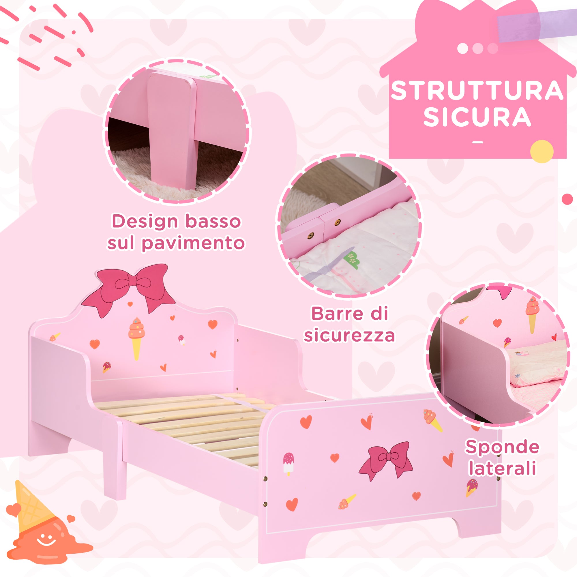 Children's Bed with Sides and Bows and Hearts Pattern, Age 3-6 Years, 143x74x59cm, Pink