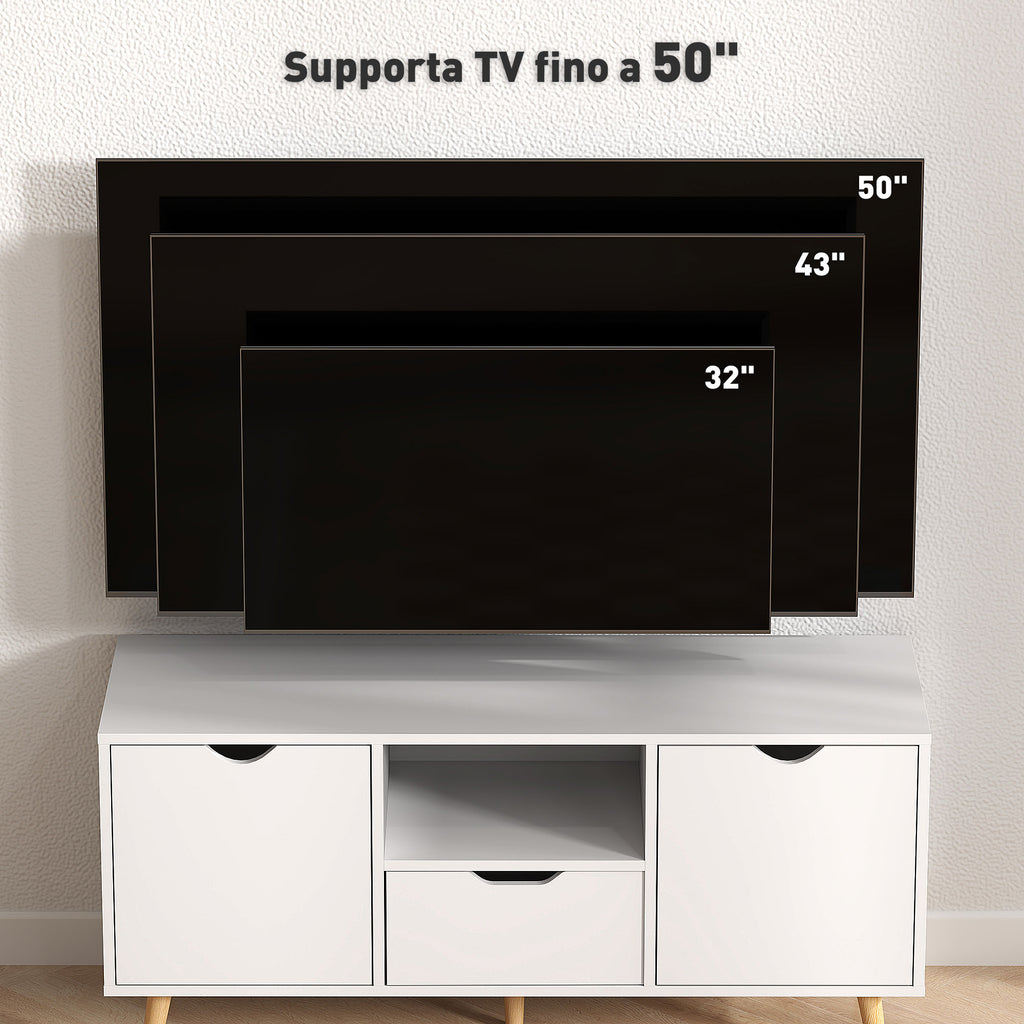 TV Cabinet max 50" with Drawer, Open Shelf and Cabinets, 110x40x50 cm, White and Wood