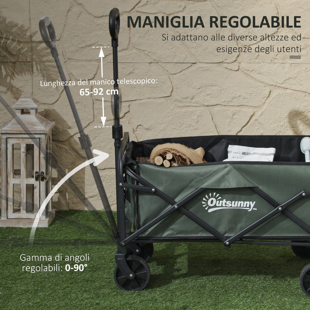 72L Folding Garden Trolley with Opening Panel, in Steel and Polyester, 114x46x65-92 cm, Green