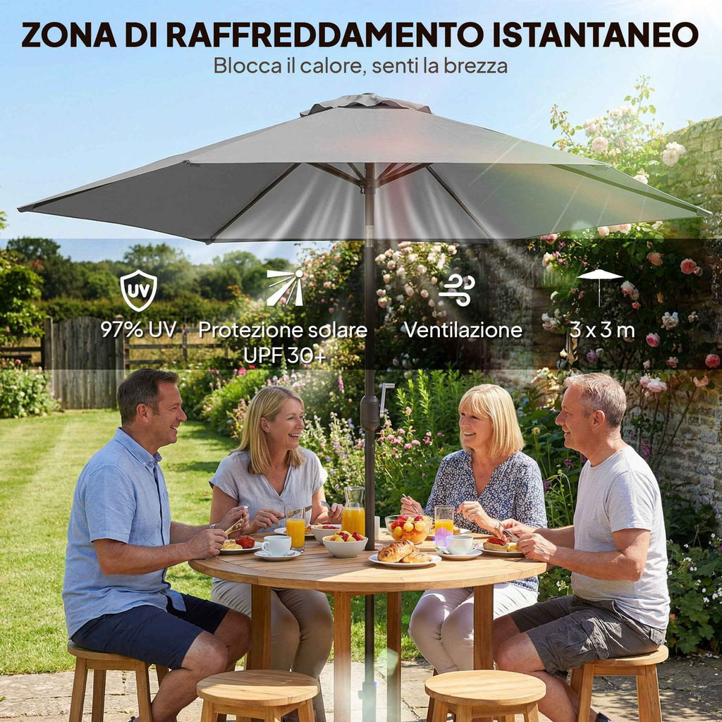 Outsunny 3x3 m Tilting Garden Umbrella with Crank Opening, Metal and Polyester, Grey