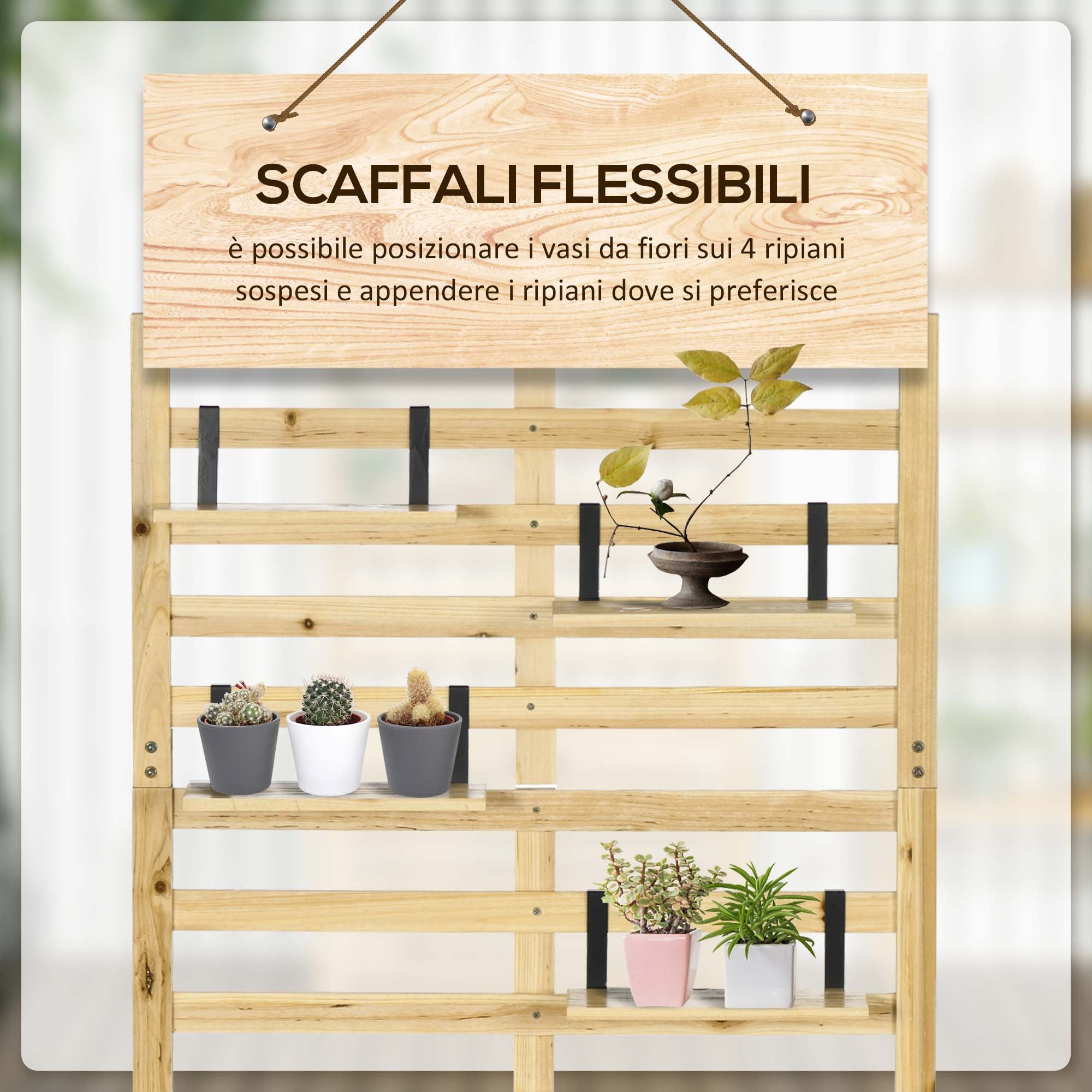 Outsunny Garden Storage Bench with Trellis and 4 Wooden Shelves with Magnetic Closure, 80x45x160 cm