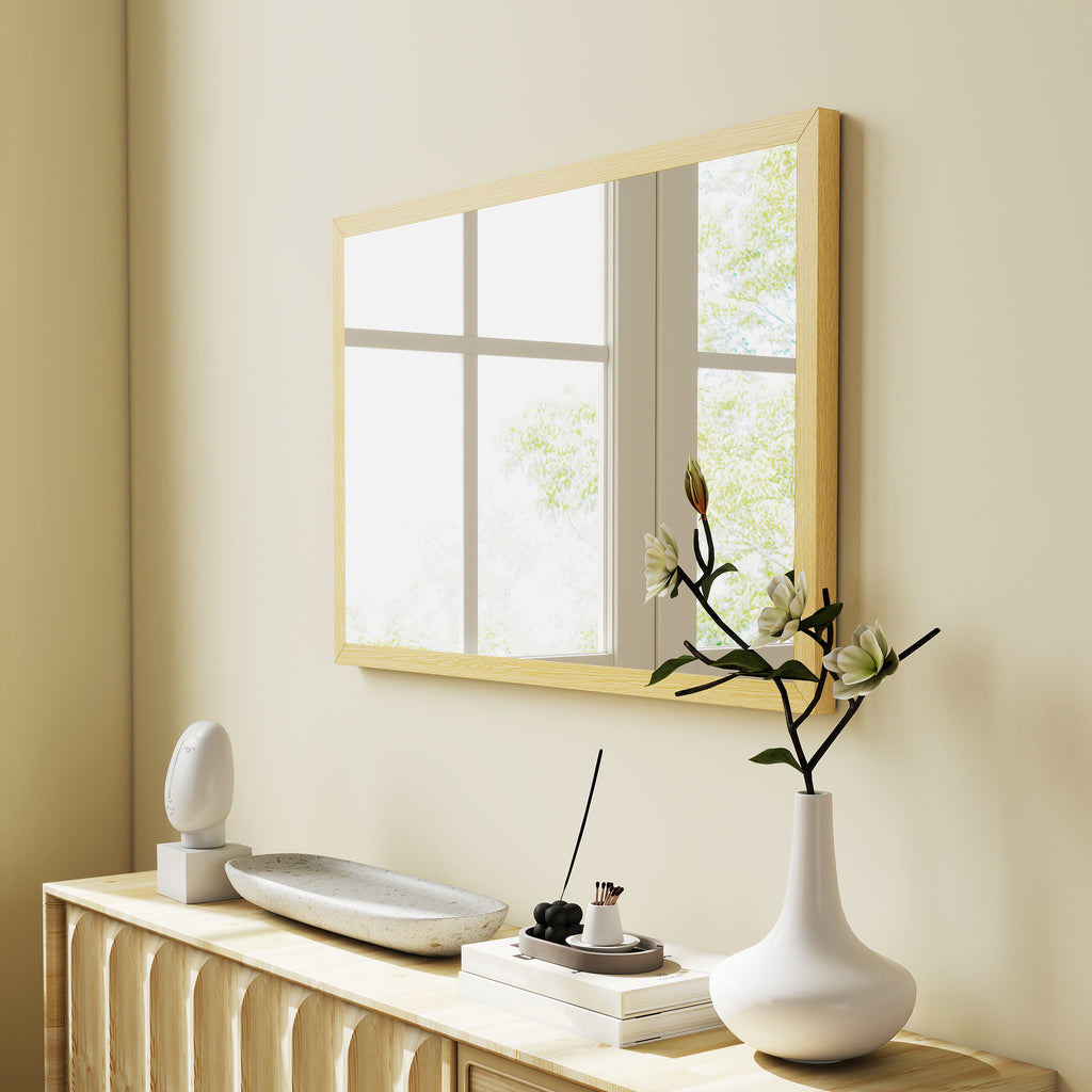 HOMCOM Rectangular Wall Mirror with Hooks, Glass and MDF Wall Mirror, 40x60 cm, Wood Color