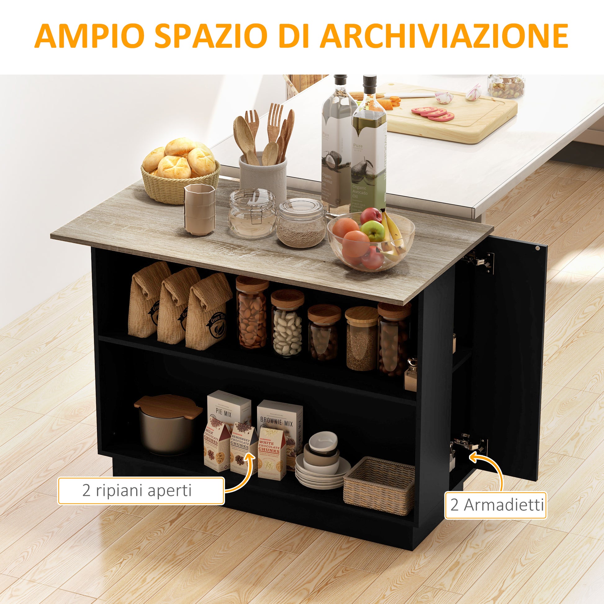 HOMCOM Kitchen Island with 2 Open Shelves and 2 Cabinets, in MDF, 105x60x82 cm, Oak and Black color - Borgè