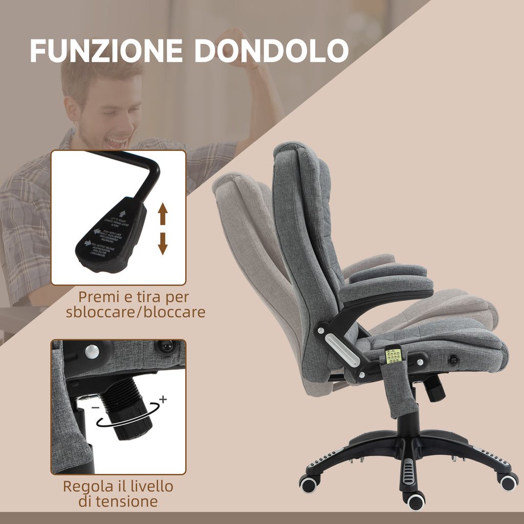 6-Point Vibration Massage Office Chair with Rocking Function and Heat, Reclining Office Chair with Adjustable Height, Remote Control and Side Pocket in Fabric, Grey