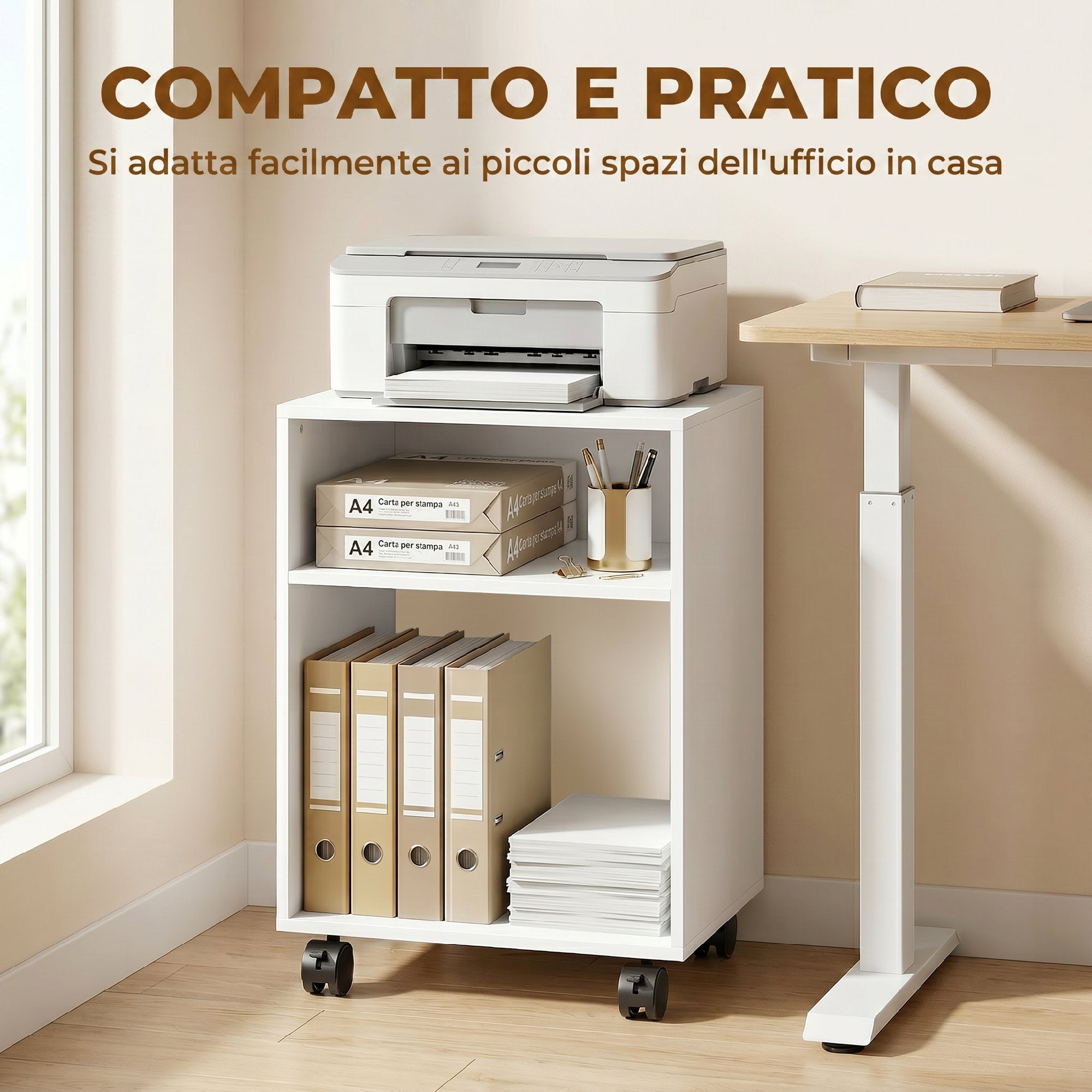 HOMCOM Wooden Printer Stand with Braked Wheels and 2 Open Compartments, 40x35x55 cm, for Office Study, White