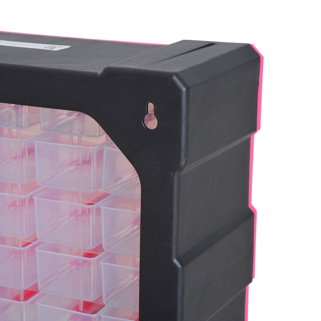 Plastic Drawer Cabinet for Small Parts with 39 Transparent Drawers, Wall or Floor Mounting 38x16x47.5cm Pink