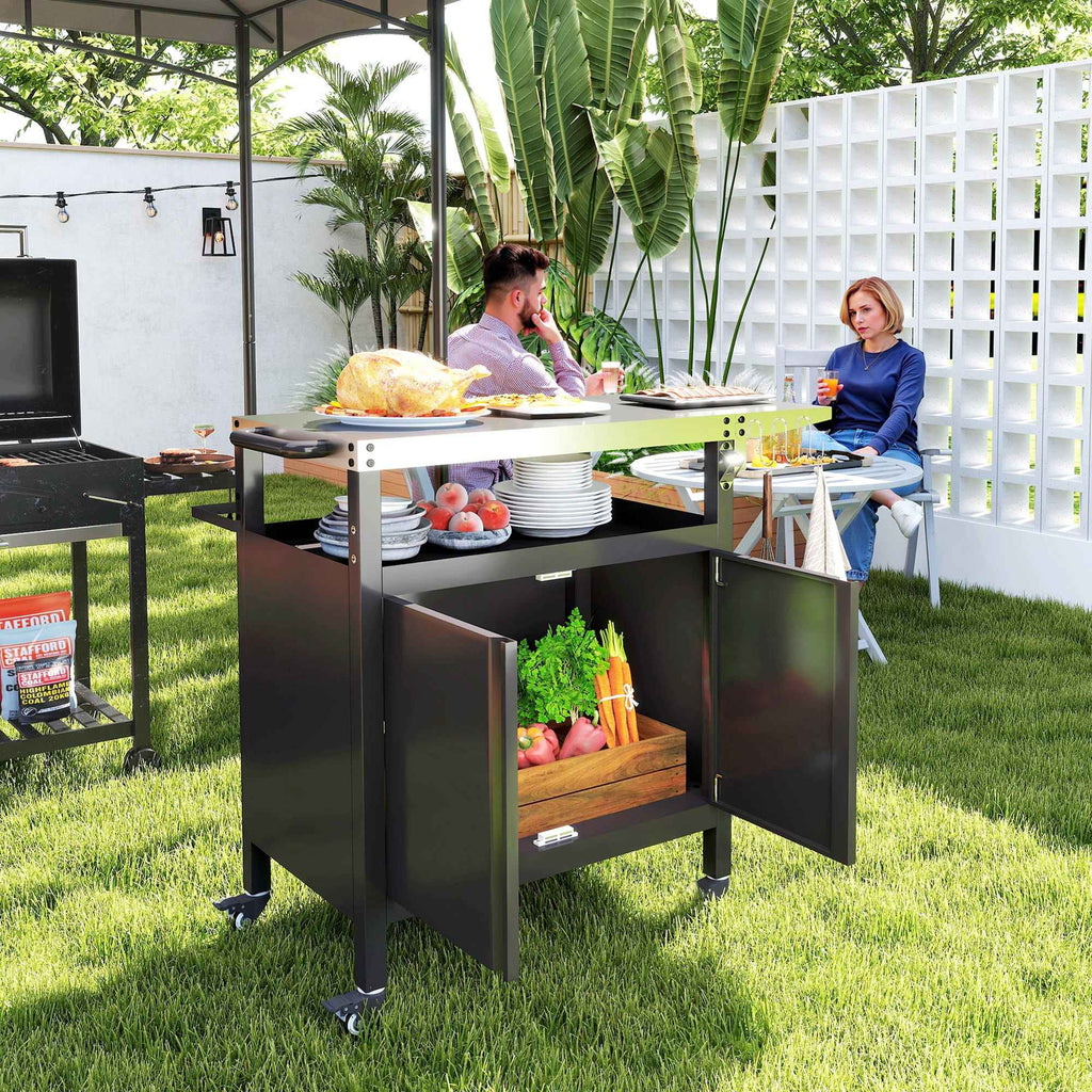Outsunny Stainless Steel Barbecue Cart with Cabinet, Open Shelf and Side Table, 116x50x93 cm, Black