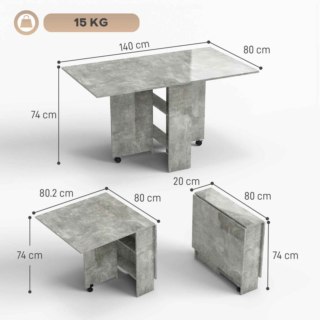 HOMCOM Folding Dining Table with Shelves, Drop-Leaf Top and Wheels, Cement Grey
